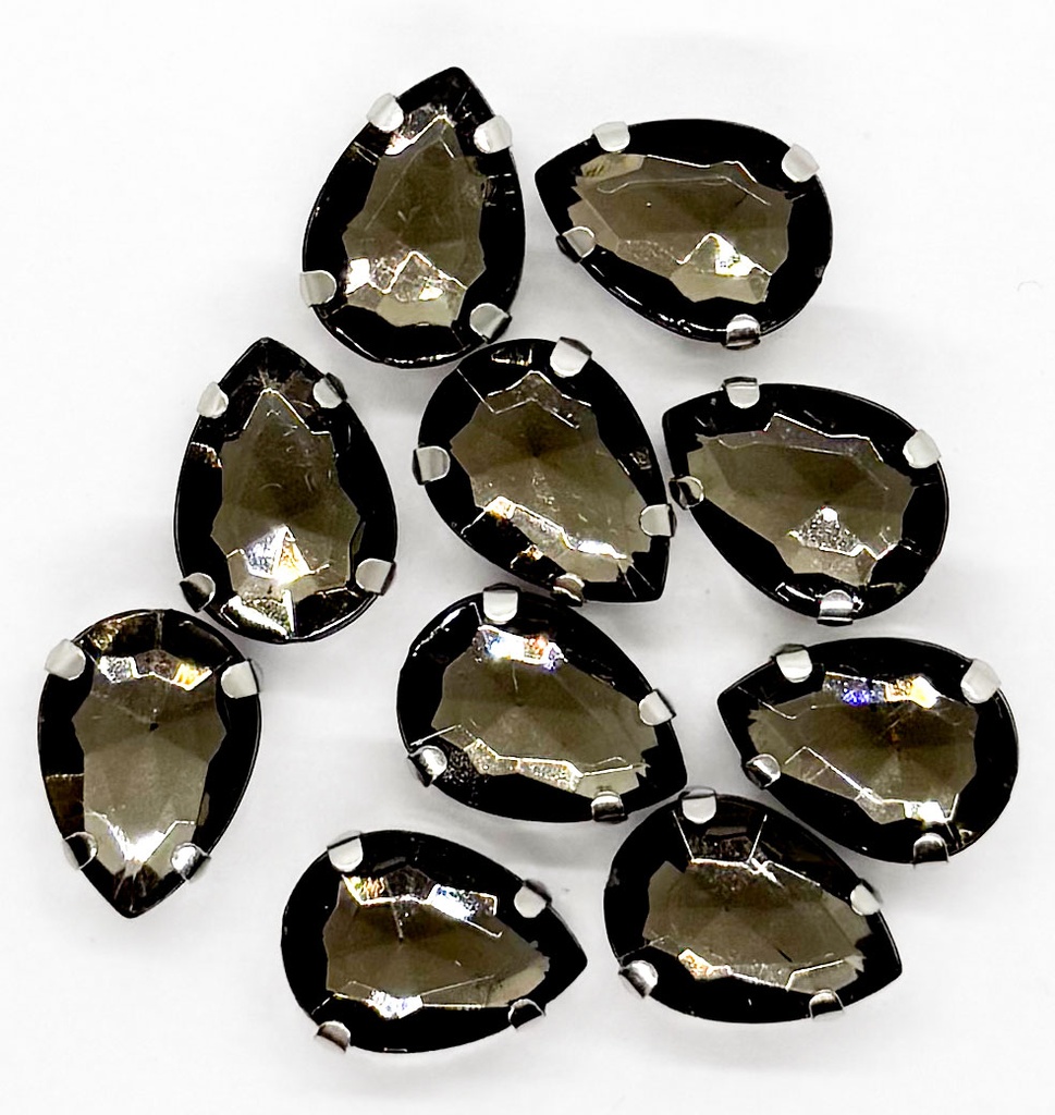 Gema engarzada gota gris humo brillo 10x14mm x 10un.
