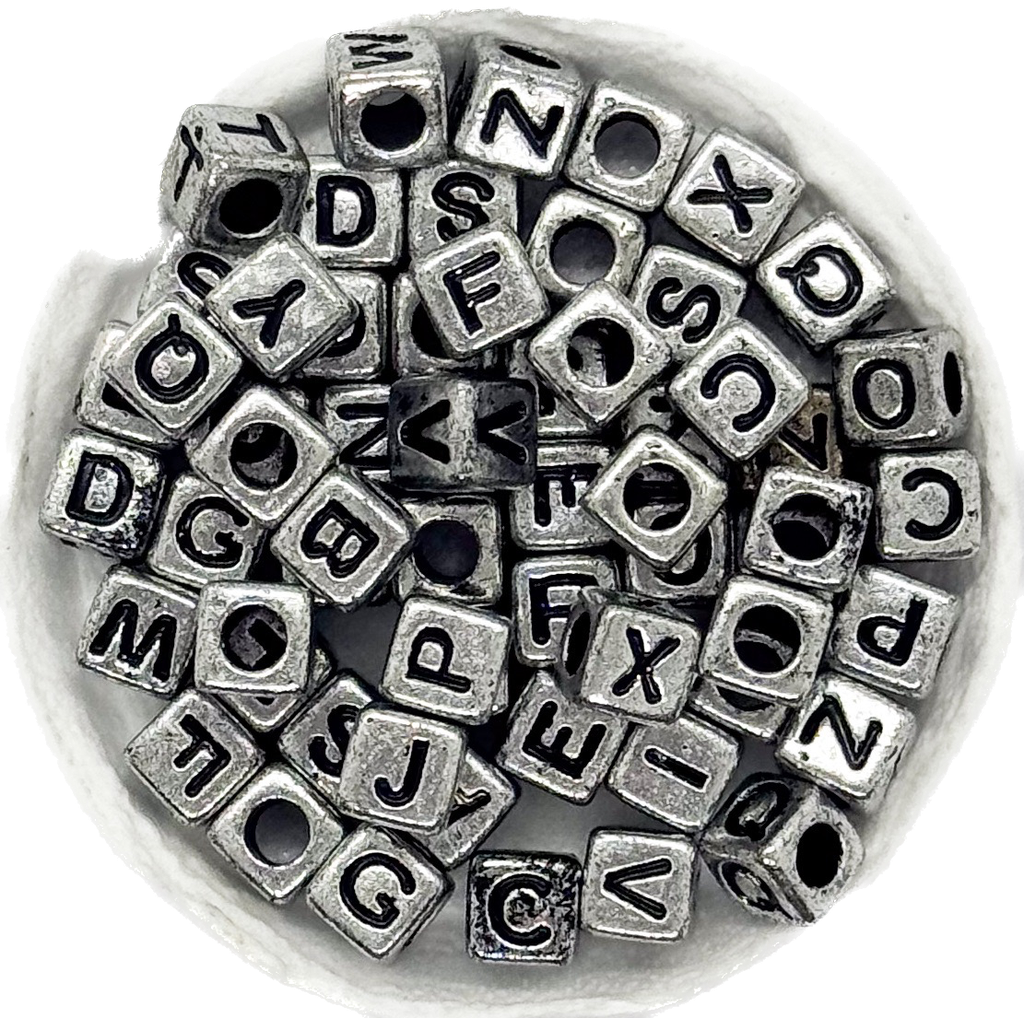 Plástico letras cubo 7x7mm plateado c/negro x 10grs
