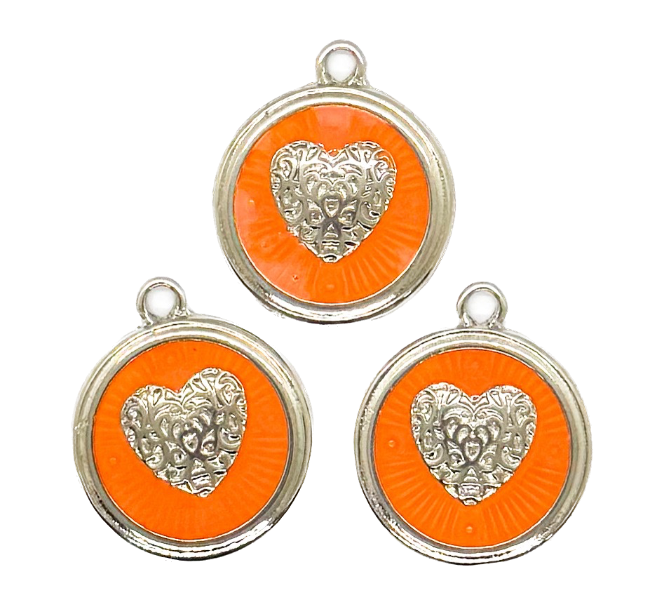 Dije esmaltado niquel medalla corazón naranja x 1un.