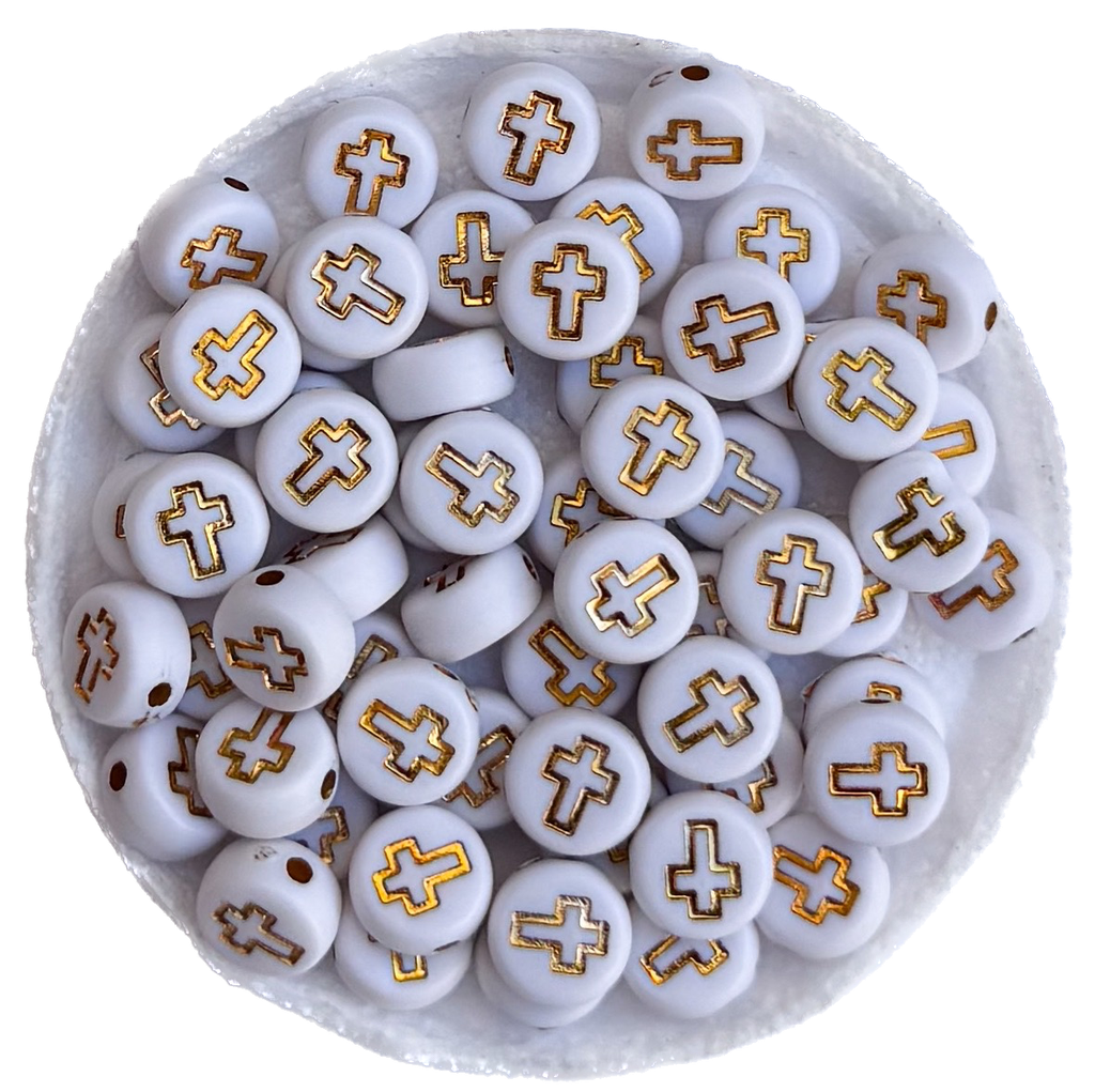 Plástico Cruz plano 7mm blanca c/dorado x 10gr