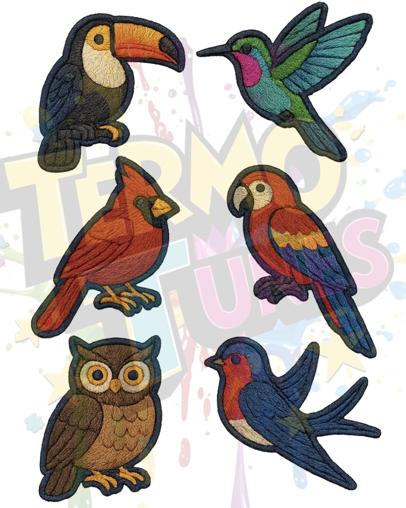 Transfer DTF simil bordado aves x 1 hoja