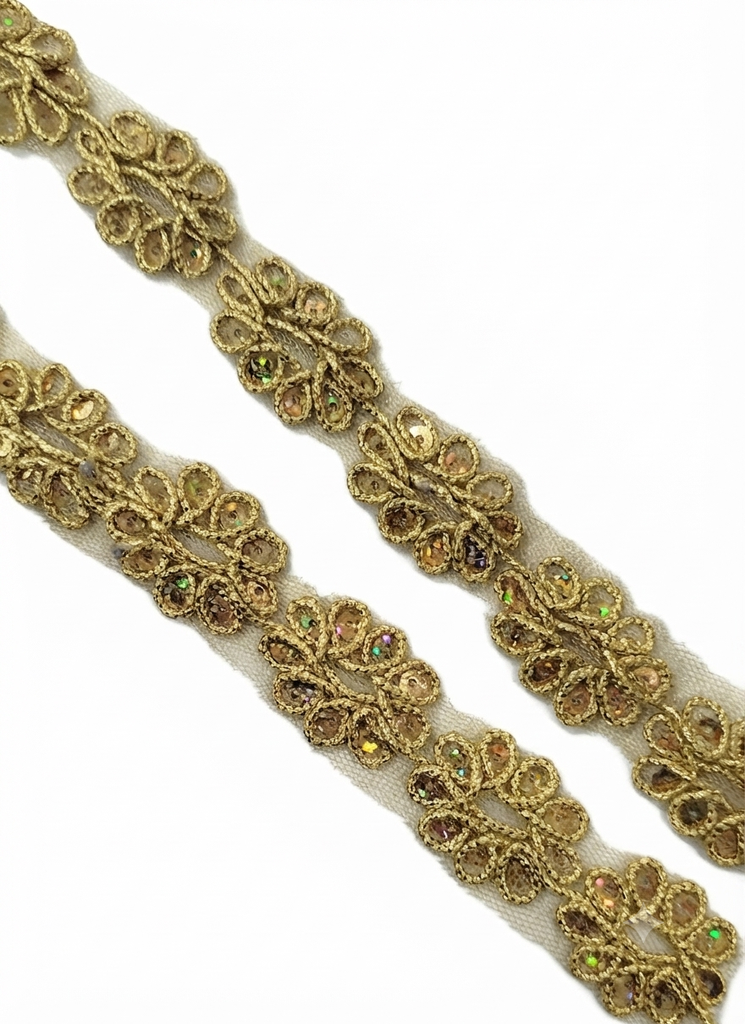 Galón flores con lentejuelas dorado 25x30mm x 1mt