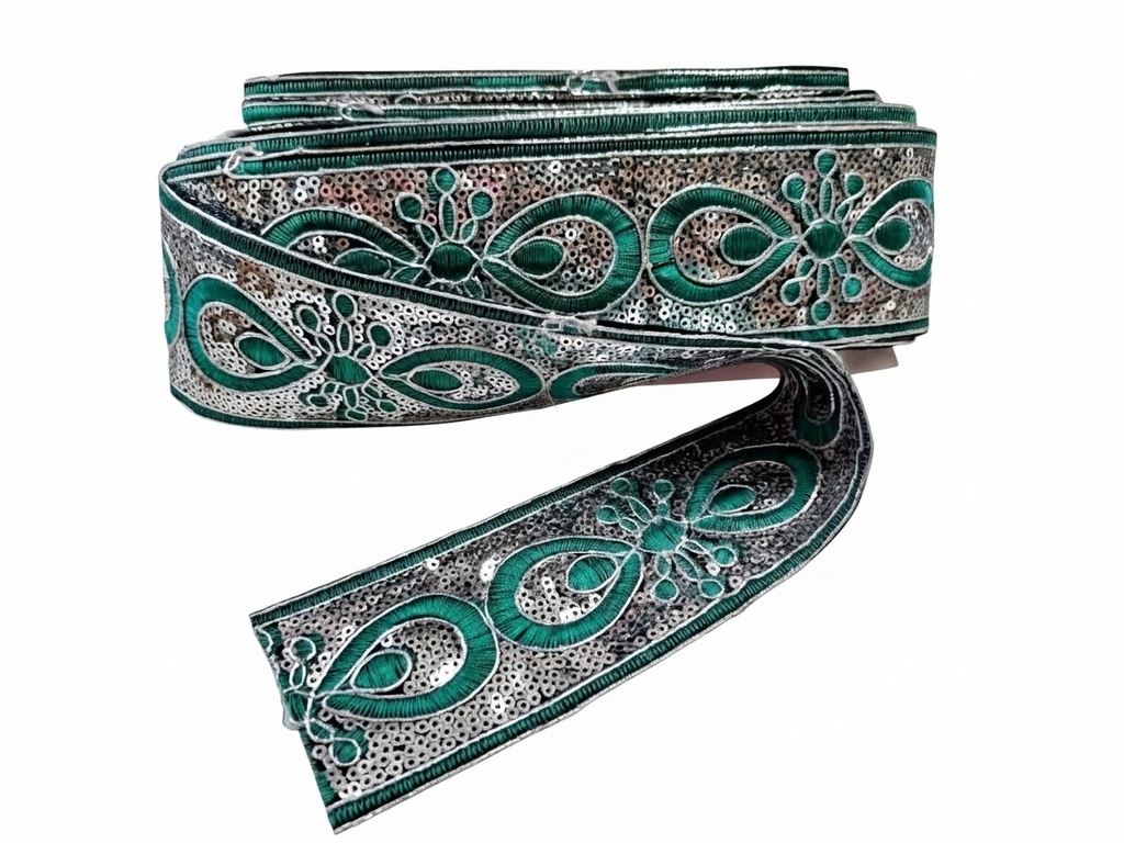 Galón lentejuelas verde/plata 65mm x 1mt