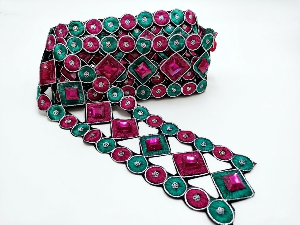 Galón rombos, circulos / verde esmeralda y fucsia  80mm x 1mt 