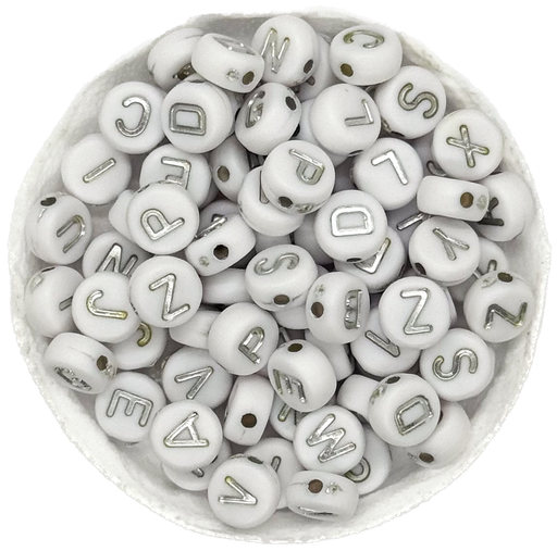 [11682] Plástico letras planas 7mm blanca c/plateado x 10grs