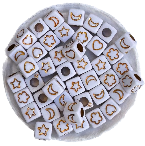 [10117] Plástico figuras surtidas cubo 7mm blanco c/dorado x 10g