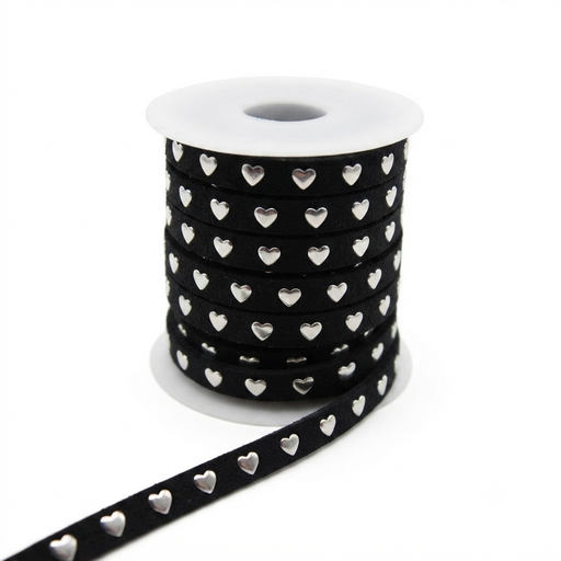 [12953] Cinta gamuza negra con corazones plateados 10mm x 1mt 